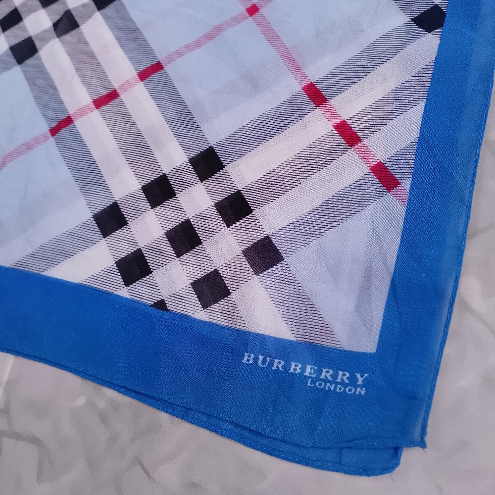 Vintage Burberry Check Handkerchief Scarf Blue Border 60x20 Classic Designer